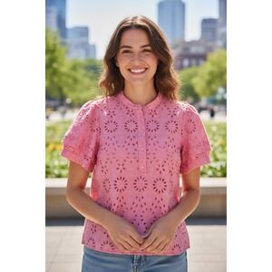 J.Crew Pink Eyelet‎ Blouse Top Ruffle Short Sleeves Button Up Womens